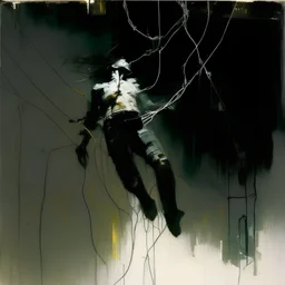 Minimal abstract oil paintings falling person limbs sinew and concrete fragments and hanging wires illuminated at night style of Justin Mortimer and Phil Hale and Ashley Wood