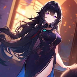 Clear focus,High resolution, Black long fluffy hair, and purple eyes, wearing a chinese dress, cute