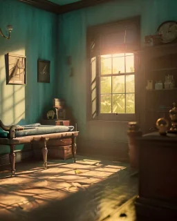 Room scene with alligator sleeping, Wes Anderson styler, realistic image, concept art, smooth, unreal engine 5, god lights, ray tracing, RTX, lumen lighting, ultra detail, volumetric lighting, 3d.