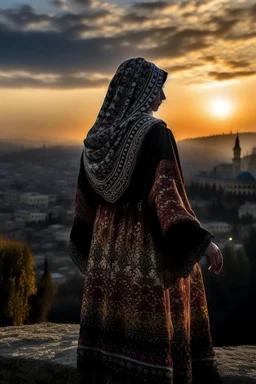 A Palestinian woman wearing an embroidered dress with the city of Jerusalem behind her during a winter sunset