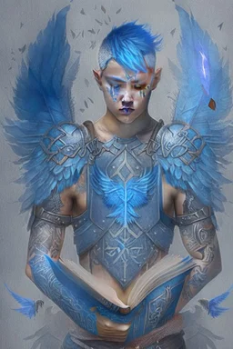 a person in runic armor with blue wings, blue short hair, runic tattoo and spell book