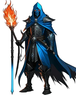 A commander with a matte black combat helmet and eyes with bright blue flaming pupils, a black cape and a long coat with long combat boots and a long, sharp and fiery spear and with his helmet under his cape and two blue flames instead of eyes