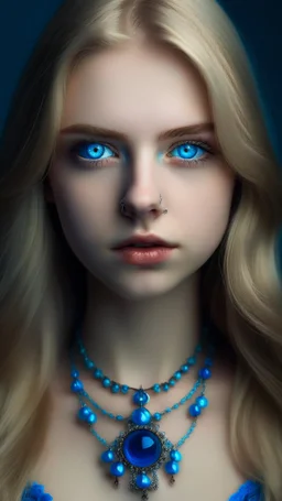 bleu dress with bleu pearls on it, Age 22, girl, white Complexion, light brown eyes, almond eyes shape, long hair, blonde hair, silky hair, square face, button nose,bleu evil eye necklace