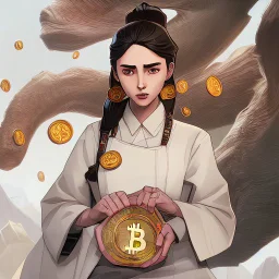 Bitcoin cryptocurrency in the hands of a traditional chinese girl, dragon