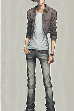 Teen man, black hair, perfect face, style of tomer hanuka, jeans, leather jacket, pompadour. standing, full body
