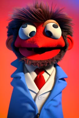 Waist up muppet Portrait, Nicolas maduro us muppet doll, Venezuelan president, tracksuit red blue and yellow, mustache, photo studio, red background, unreal engine 5, concept art, art station, ray tracing, lumen lighting, ultra detail, volumetric lighting, 3d.