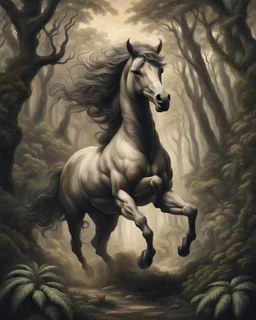 A centaur majestically galloping through the dense forest in the style of gustav dore, fantastical landscape, soft strokes , mythology portrait, classic painting