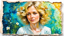 abstract art complementary colors fine details , old torn worn paper, peeling, high grain, portrait blonde , flowers in hair, acrylic, alcohol ink, fine drawing, A blonde woman in her 40s, with flowers woven into her loose, curly hair, sits in a whimsical, dreamlike setting, surrounded by delicate swirling patterns reminiscent of the textures of old torn paper, in a vibrant, abstract style combining acrylic and alcohol ink techniques, with fine detailing that highlights complementary colors, in