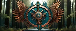 High-end hyperrealism symmetrical Steampunk ((logo ARD)) swords and shield shape, inspired cinematic photography, symmetry forest alley background, Aesthetic combination of sage green and blue metallic and honey red, Vintage style with brown pure bronze accents, Art Nouveau visuals with Octane Render 3D tech, Ultra-High-Definition (UHD) cinematic character rendering, Detailed close-ups capturing intricate beauty, Aim for hyper-detailed 8K