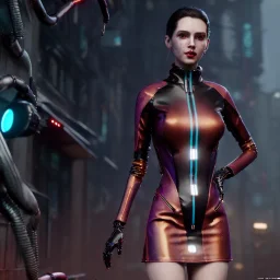 pretty cyber woman, latex dress coat, cables, futuristic, blood, black, gold, brown, decorative color feathers, simétrico, circuits, neon style, a lot of led lights, fog, rain, vibrant color, highly detailed, art stations, concept art, smooth, unreal engine 5, god rays, ray tracing, RTX, lumen lighting, ultra detail, volumetric lighting, 3d, finely drawn, high definition, high resolution.