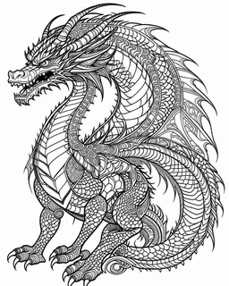 dragon tattoo, coloring book page, clean line art, adults drawing book, Black and white only, crisp black lines, sharp lines, coloring page for adults, black and white picture, lots of details, tattoo style,tattoo ideas, full body