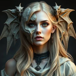 a portrait of an attractive blonde fantasy woman whose face is partially made of stone, medieval, gothic, digital art, stylised, gargoyle