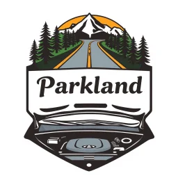 logo for a shop that installs tires and does oil changes, top has elements of beautiful park highway drive, bottom shows the engine under car hood. on hood is written "Parkland", all inside a shield shape with squared top and rounded bottom, in the style of national parks stickers