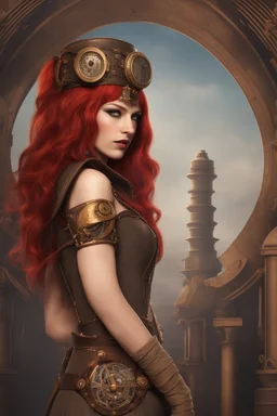 full body and headshot of a skinny Cleopatra, with long straight red hair, standing in a steampunk setting.