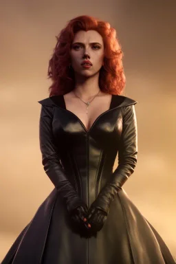 Scarlett Johansson as evil queen in black leather gown, cleavage, angry, stern look unreal 5, octane render,cinema4d, dynamic lighting, dramatic lighting, 4k, redshift render, highly detailed, hyper realistic