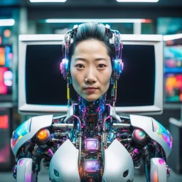 cyborg AI mayor inside TV, Japan, facing the camera, bright colors