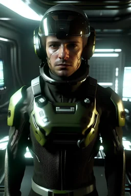 Scientist in Expedition suit, eve online style, heads up display, male