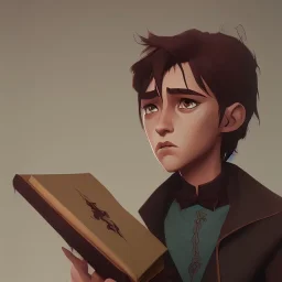 A little handsome brown haired warlock kid with his dark book of shadows by Nick Harris