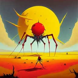 High concept art, dramatic unreal landscape, in a red field with an anthropomorphic yellow house made out of a Lemon skittering away on spider legs, colossal biomechanical Minotaur carrying a reaping Scythe, large moon on horizon, smoke plumes in distance, dynamic composition, oddball masterpiece, sfumato, complex contrast