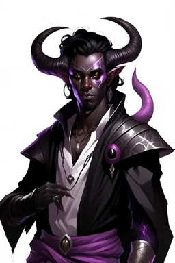 En Young male Black skin black hair tiefling Wizard with large Black horns with a bit of Purple horns same size going from the front to the back. glowing Silver and White symbols