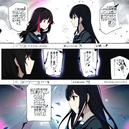 Clear focus,High resolution,High quality,Epic battle scene comic style, With 2girls, with color, anime girl with rainbow hair, the other girl as black hair, the first girl has red eyes, the other has black eyes, they are both wearing a school uniform