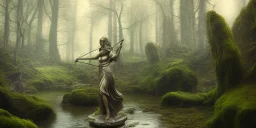 statue athena abandoned of stone inner between moutain, long exposure photography, swamp, water, glass, fog, highly realistic, highly detailed, intricate, 8k