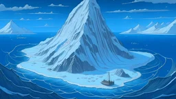 1 dimensional lonely snow mountain in icy sea drawn by studio ghibli