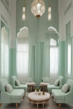 Salon marocain style contemporain avec tissus vert lumière douce