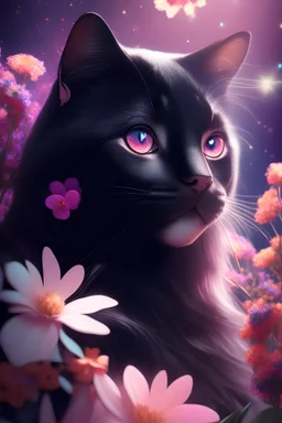 black Cat surrounded by vibrant flowers, floating in space, space background, third eye, mystical, stars, the universe, highly detailed, sharp focus,tracing, volumetric lighting, octane render, 8k, highly detailed
