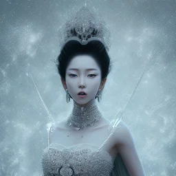 smooth hyper realistic, beautiful Japanese goddess in crown, pale colors, dark cosmos background, cat еye, extremely sharp detail, finely tuned detail, ultra high definition, 8 k, unreal engine 5, ultra sharp focus, accurate sword wings, positive smile, lot of details, fit within portrait, Ambiance winter, perfect composition, perfect hair, perfect hands, finger up gestures