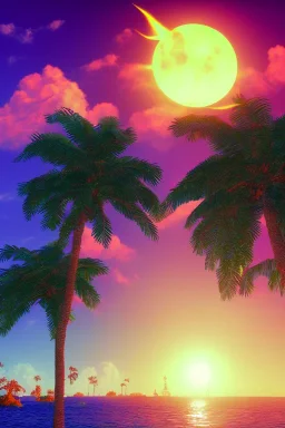 1980's vaporwave aesthetic palm trees with lightning with solar eclipse in the ocean waves sunset