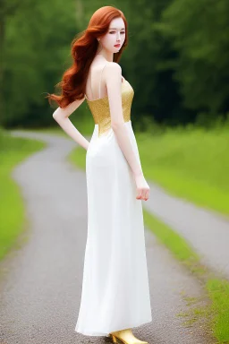 full shot body of very beautiful Woman with pale skin makeup , green eyes, long auburn hair, and high fashion sexy model gold dark lace dress , nice sport shoes. country side ,river ,country houses ,sharp focus