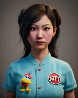 Portrait, Asian waitress woman with monster muppet mask that covers her entire head, retro style, Sesame Street style, smooth, unreal engine 5, god lights, ray tracing, RTX, lumen lighting, ultra detail, volumetric lighting, 3d.