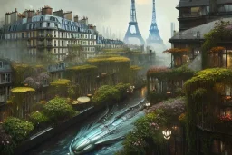 Senna+river+Bar on garden rooftops +Paris mixed new york +Skyscraper +steampunk+biopunk+alphonse mucha, greg rutkowski,matte painting, cryengine, hyper detailed, felix kelly, fantasy art, seb mckinnon