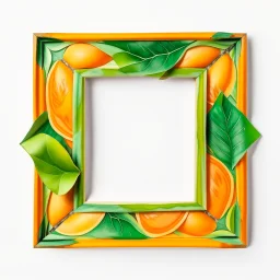 Square picture frame in the colors mango and light green leaves and some light orange, all on a light background