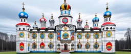 A white cloudy sky with a puffy palace designed in Matryoshka dolls painted by Piet Mondrian