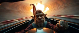 weird perspective worried yoga race car going sideways in ramp driver close up portrait of dj troll elf pilot looking down on cam, with background in the style of escher and giger, a chill contrapunctus fugue in the style of fsol, beethoven, goa trance breaks, dancefloor drum and bass, burning cars, fire and explosions