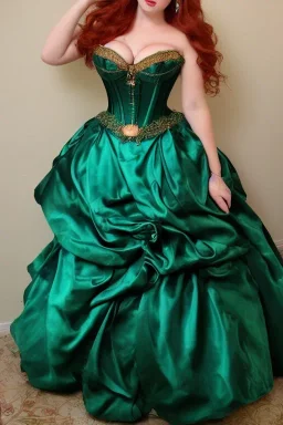 Busty princess with long auburn hair green eyes wearing a big dark teal green and gold satin ballgown corset off shoulder top at night