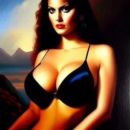 portrait of beautiful busty Bella painting by Brom, oil on canvas, cinematic composition, extreme detail,cinematic composition,fit full head inside picture