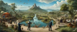 Salvador Dali & Hieronymus Bosch greet each other at an outdoor surrealist market in a beautiful surreal outdoor countryside summer scene with hills, many pathways, stairways, streams, waterfalls, waterwheels, & a flock of dream-like sky-fish fly high in the far distant sky : very high detail, photorealistic, epic cinematic, 8K, Large depth of field