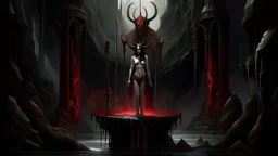 A nude female figure standing on a wooden platform, surrounded by a dark, industrial environment with a large, cascading waterfall in the background, the demon has red irises and horns growing out from her head. She looks like she is about to be made out