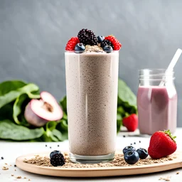 a protein shake cocktail made out of spinach, berries, a bit of oats, chia seeds, protein powder in a tall glass with berries on top. white simple background with no additional food