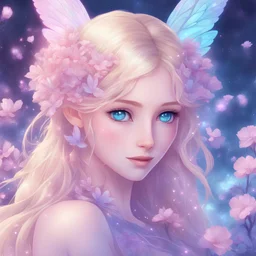 one big crystal glitter blue subtle galactic fairy in a galactic ambiance, ailes transparentes irisées, fleurs dans les cheveux, long blond hair down to the ground, transparent petals, doux sourire, sourire, blue eyes, delicate colors in the foreground, full of details, hsmooth，soft pink violet light atmosphere, light effect，vaporwave haute résolution, colorful, concept art, smooth, extremely sharp detail, finely tuned detail, ultra high definition, 8 k, unreal engine 5, ultra sharp focus