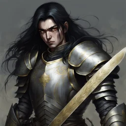 dnd character fantasy paladin knight, weathered plate armour, guilded effects, long black hair, gloomy expression, pale perfect face, serious moody eyes, drawn full portrait in the style of Nobuyoshi Araki