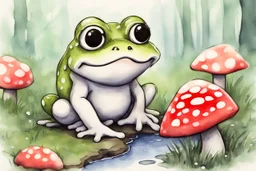 3D close-up of a very cute fluffy plushy chibi plush frog hiding from the rain under a red white spotted mushroom in the forest, puddles in front, grass and violets next to him, 3d effect melting watercolour on wet inked paper, black ink outline in sunshine, ethereal, cinematic postprocessing