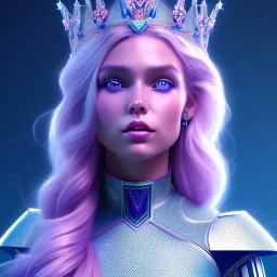 A portrait of a full body crystalised blue pink queen,smiling face, blue eyes, long blond hair, atmospheric, realistic, unreal engine, lighting