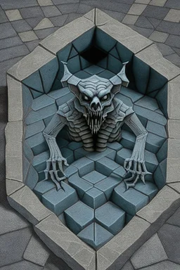 hexagon stone labyrinth featuring gargoyle skeleton