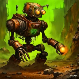 90's fantasy tcg art of rusted post apocalyptic robot in toxic ooze