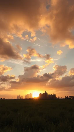 sunset,Dramatic Clouds s prison with a modern city like Dubai Behind field of grass