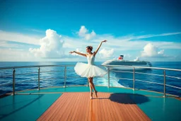 a ballerina dncing in deck of a modern big ship ,in oceion water vaves pretty blue sky with clouds